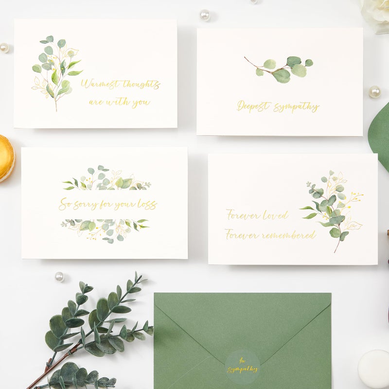 Crisky 4 Pack Greenery Gold Foil Sympathy Cards with Envelopes Sealed 4 Assortment Condolence/Bereavement Cards - Image 3